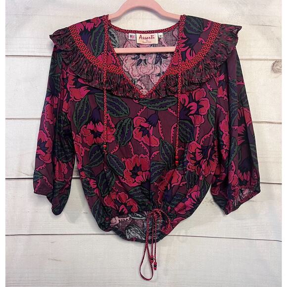 Vintage Top Size MED Ruffles Shoulder Pads Printed Purple Red Green Boehmian - Picture 1 of 5